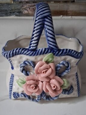 Ceramic Floral Basket Vase with Pink Rose Accents